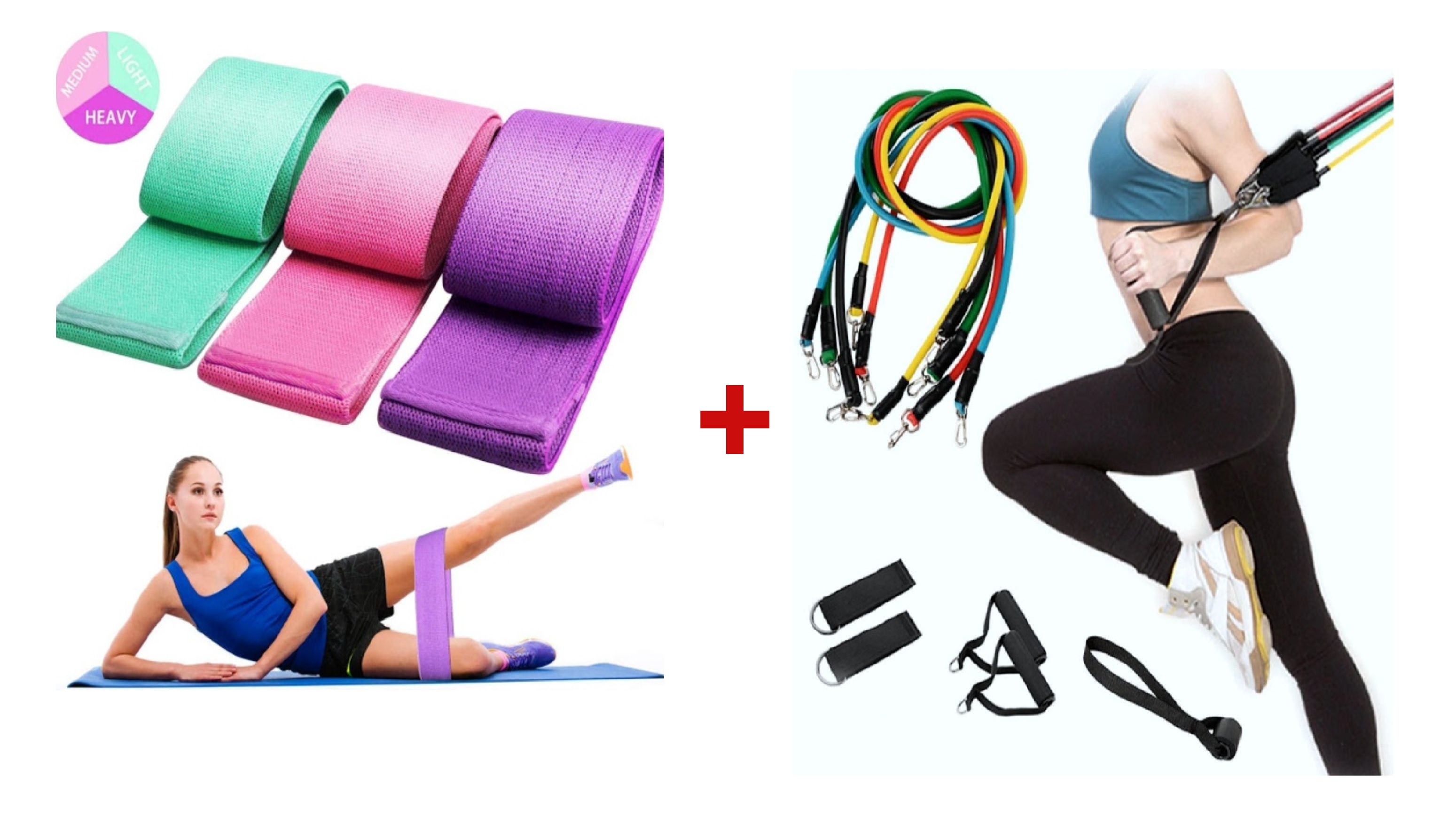 Sistem de antrenament fitness cu corzi extensibile + Set 3 benzi elastice din material, 3 niveluri de rezistenta